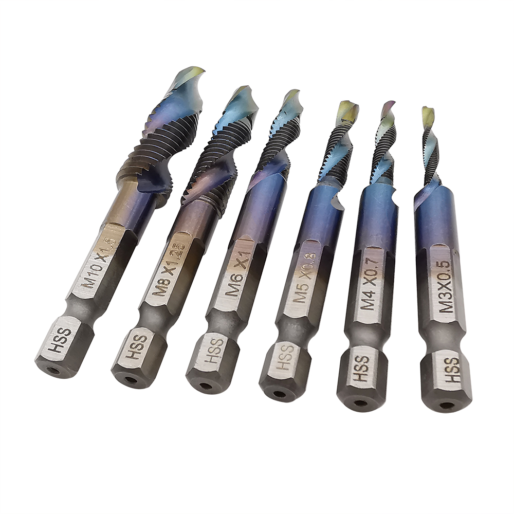 6Pcs Metric Tap Drill Bit Hex Shank Titanium Plated HSS Screw Thread Screw Composite Taps Drill Drilling Tool M3 M4 M5 M6 M8 M10