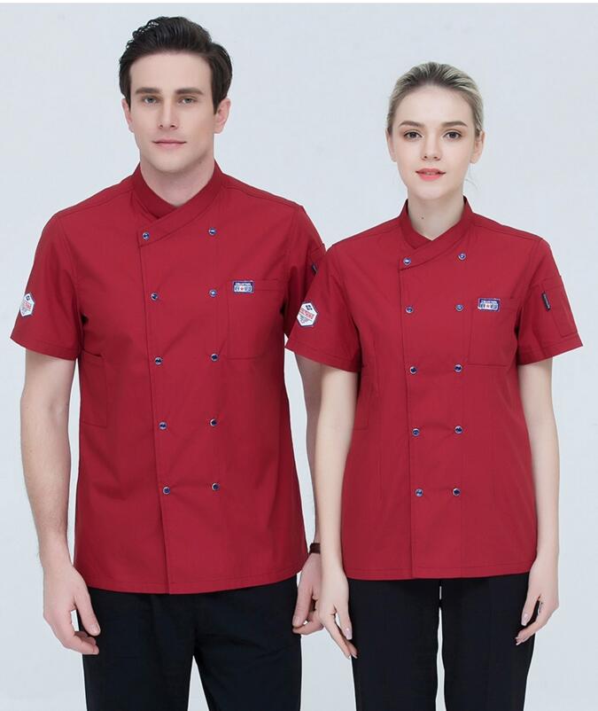 Kok køkken arbejdstøj top sommer kortærmet kok service restaurant hotel tjener overalls jakke arbejdstøj værktøj uniform: Vindrød / L