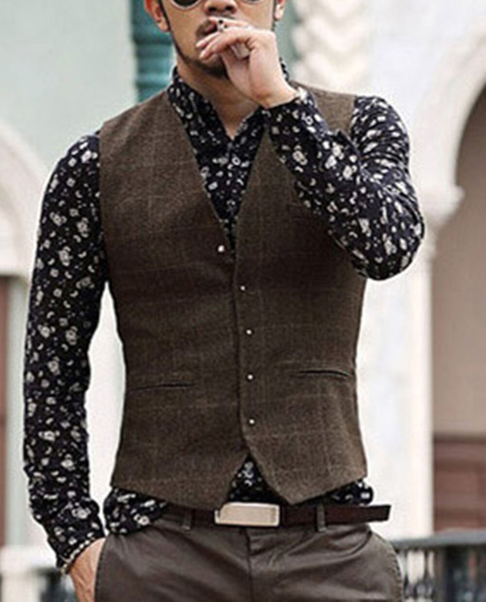 Herre jakkesæt vest plaid hals uld brun enkeltradet slim fit casual formel business groomman vest til bryllup bedste mand
