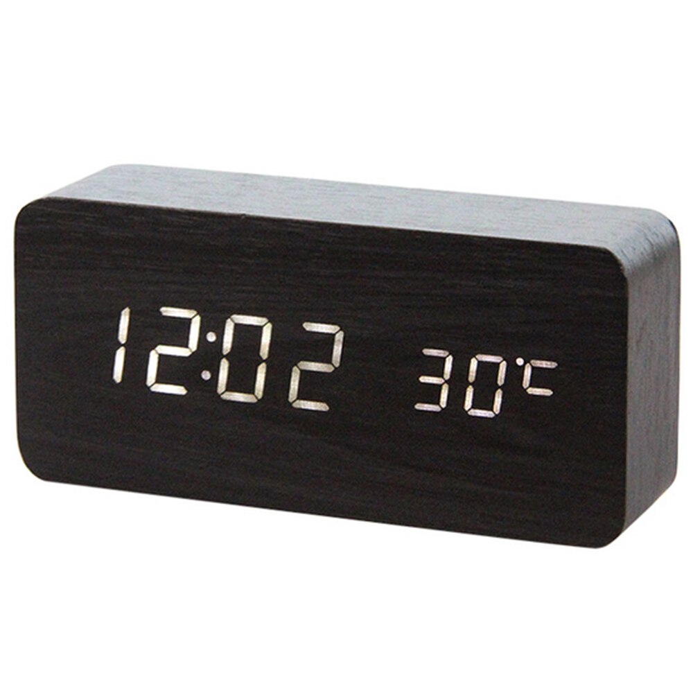 reloj despertador LED con Control de voz, termómetro Digital, retroiluminación de madera, reloj Retro brillante, mesa, Despertadores luminosos: White Number Black