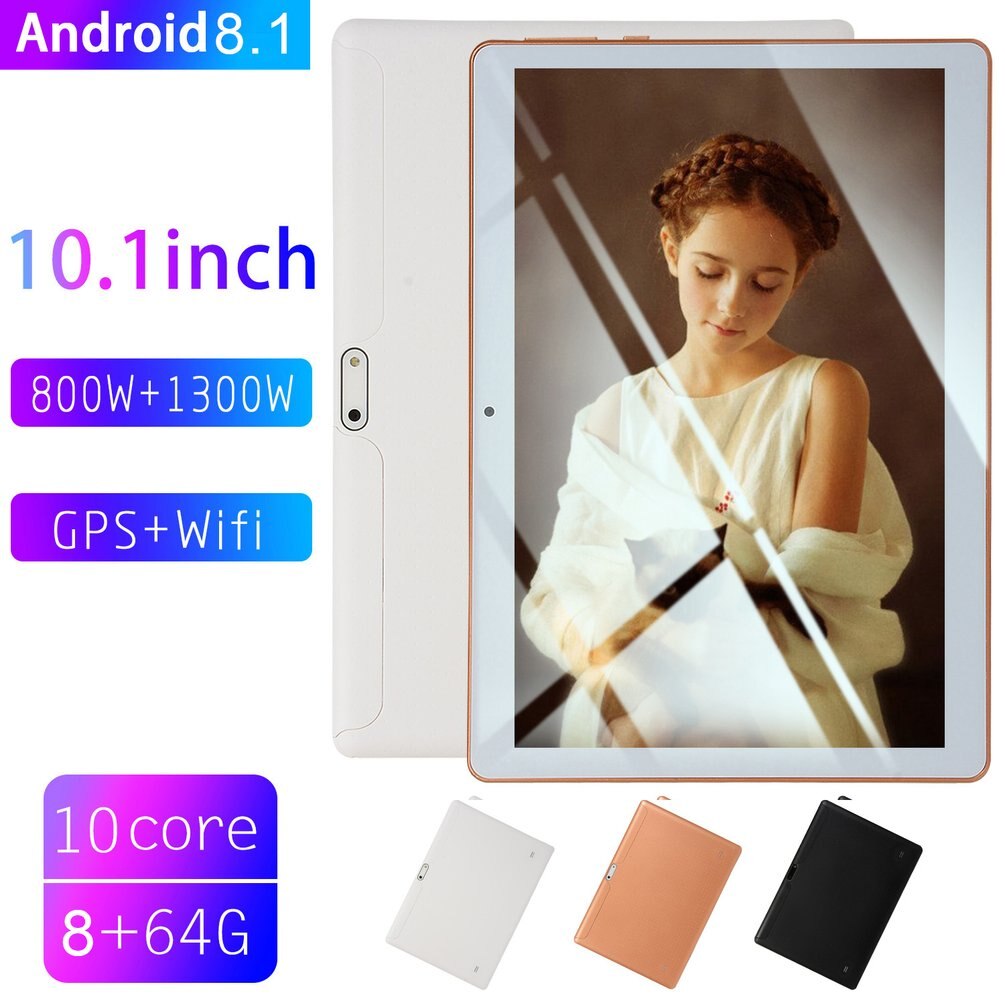 KT107 Plastic Tablet 10.1 Inch HD Large Screen Android 8.10 Version Portable Tablet 8G+64G White Tablet White EU Plug