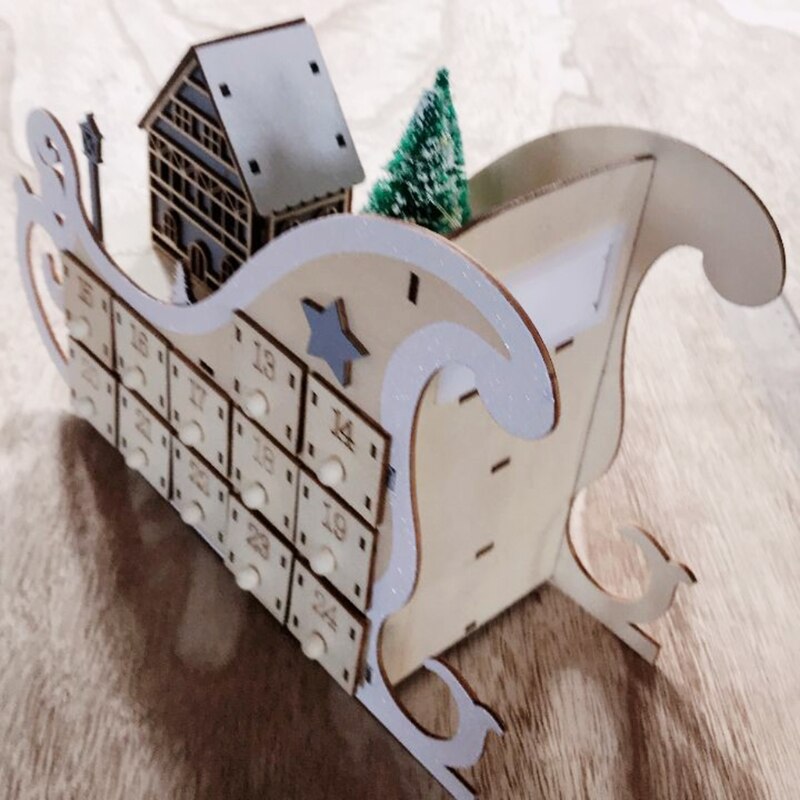 1pc/set Tree House Sleigh Wooden Advent Calendar Countdown Christmas Party Decor 24 Drawers with LED Light Ornament Xmas Decor
