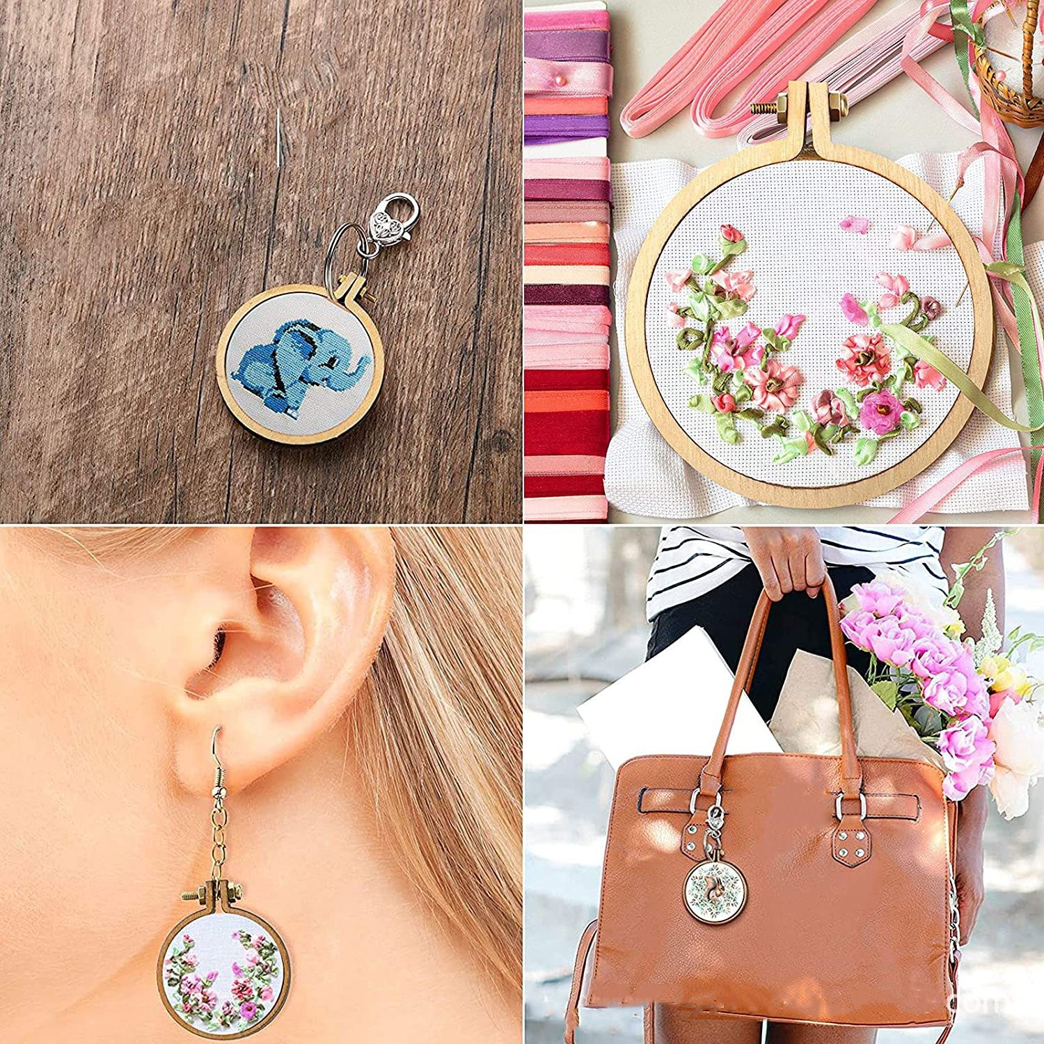 10 pezzi mini cerchio da ricamo anello in legno ciondolo rotondo misto kit telaio punto croce per gioielli portachiavi artigianato accessori per cucire
