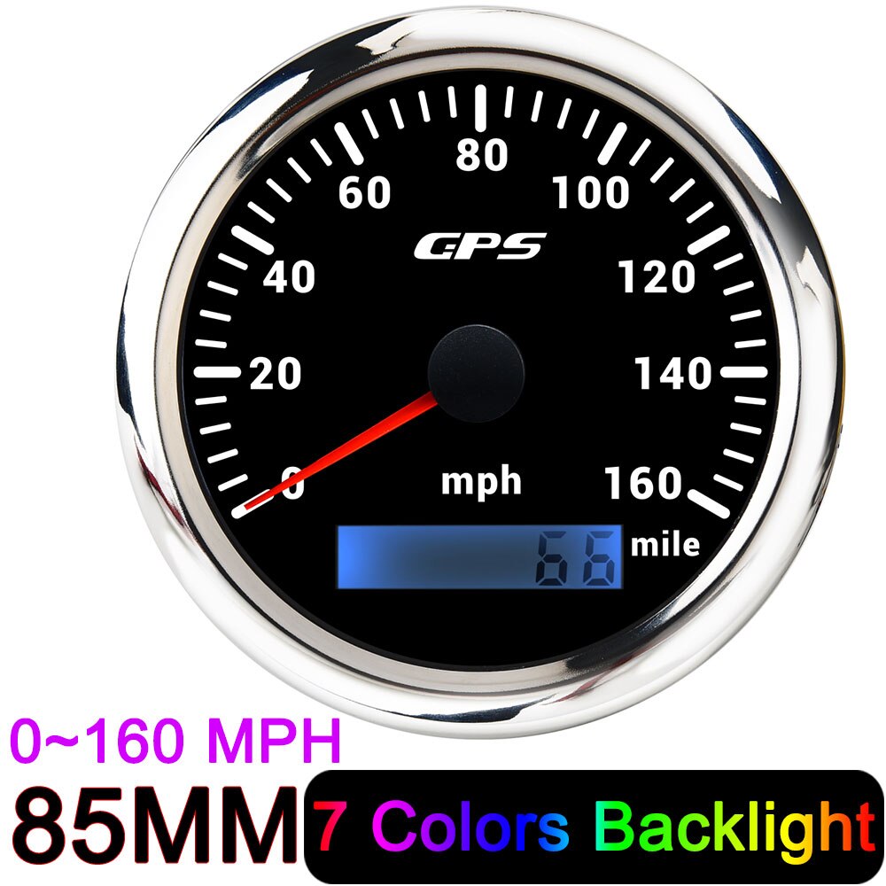 HD 85mm GPS Speedometer 30 60 80 120 160 200 MPH Waterproof Speed Gauge for Mairne Yacht Boat Car Truck 7 Colors Backlight 9-32V: 160MPH Black silver
