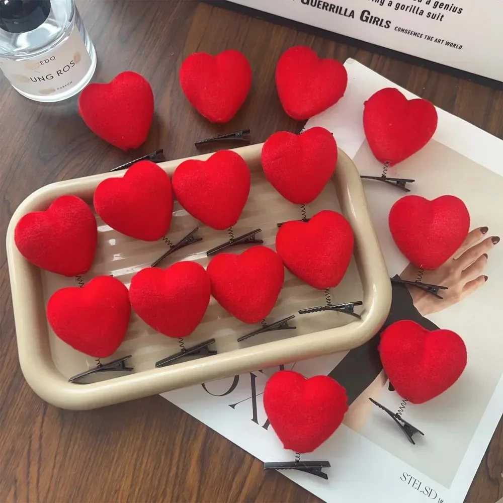 Pinzas para el cabello con forma de corazón rojo flocado, pinzas para el cabello con forma de corazón para bodas, horquilla de felpa, Clip de pico de pato a la , pasadores para el cabello para niños,