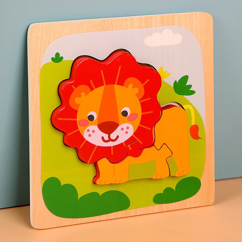15*15cm Kinder Montessori Spielzeug 3D Holz Puzzle Baby Cartoon Tier/Verkehrs Jigsaw Puzzle Spielzeug für Kinder frühen Lernen: 13-lion