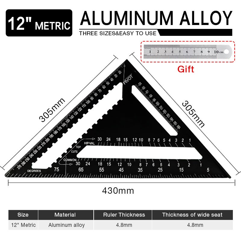 7/12 Inch Triangle Angle Ruler Triangular Gauge Protractor Trammel Carpenter Measurement Hand Tools For Woodworking: 12Inch Metric System