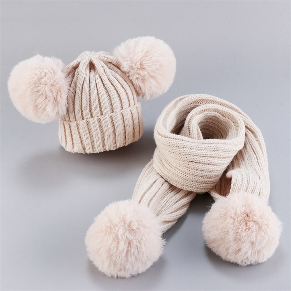 Cute Baby Hat Scarf Suit Autumn Winter Infant Poms Boy Girl Hat Scarf Set Fur Ball Caps Kids Soft Warm Knitted Hats Beanies: Beige Hat Scarf Set