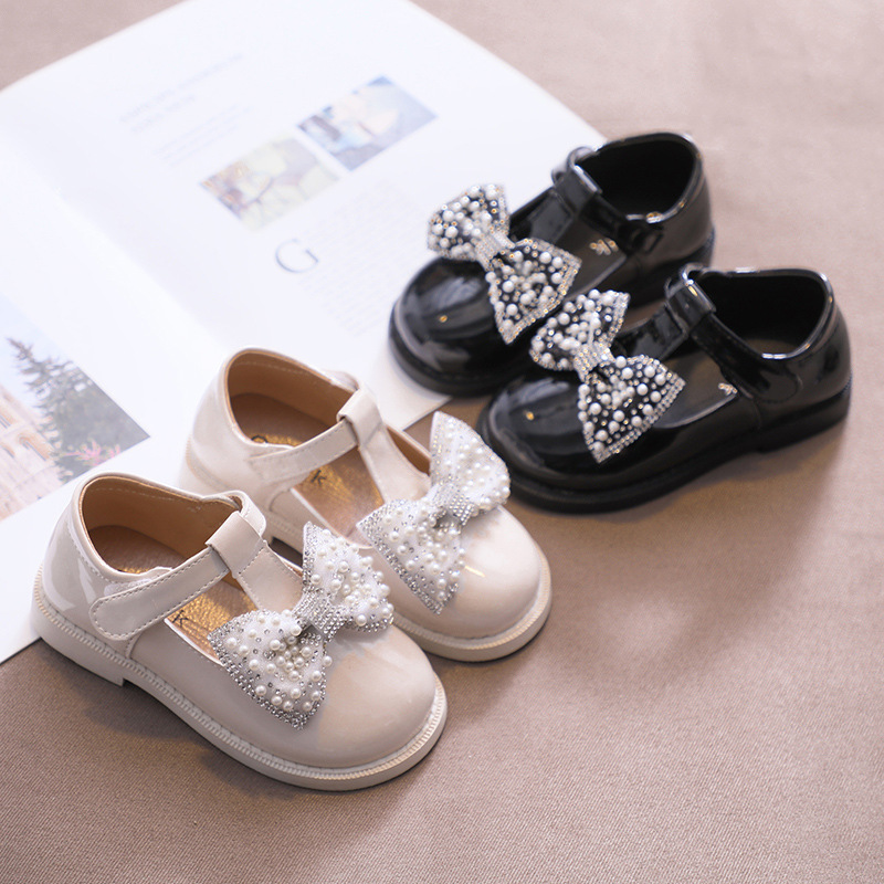 Girls' Small PU Leather Shoes Spring Autumn Baby Children's Pearl Rhinestone Soft Sole Little Girl Single Shoes Princess Shoes