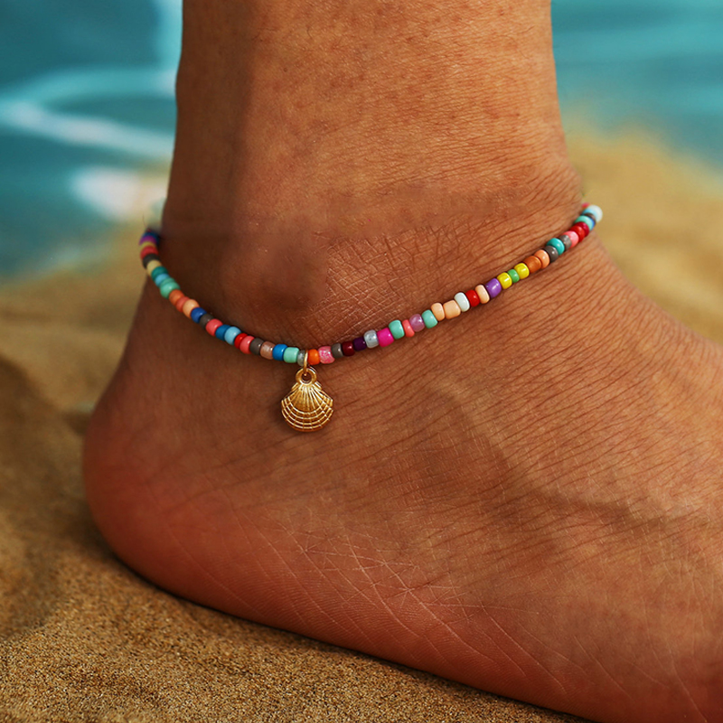 Tobillera bohemia multicapa con cuentas de arroz para mujer, tobilleras con colgante de estrella de mar a la , cadena de tobillo de playa de arena para verano, joyería en la pierna: Verde del ejército de Zinc