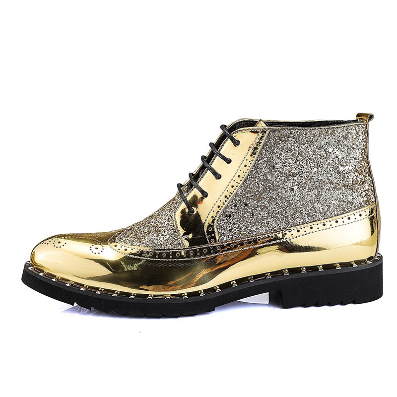 Yeinshaars wzorzyste skórzane brogsy błyszczące cekiny formalne buty wizytowe wysokie buty męskie ze szpiczastym noskiem buty ślubne buty na imprezę: Złoto / 8