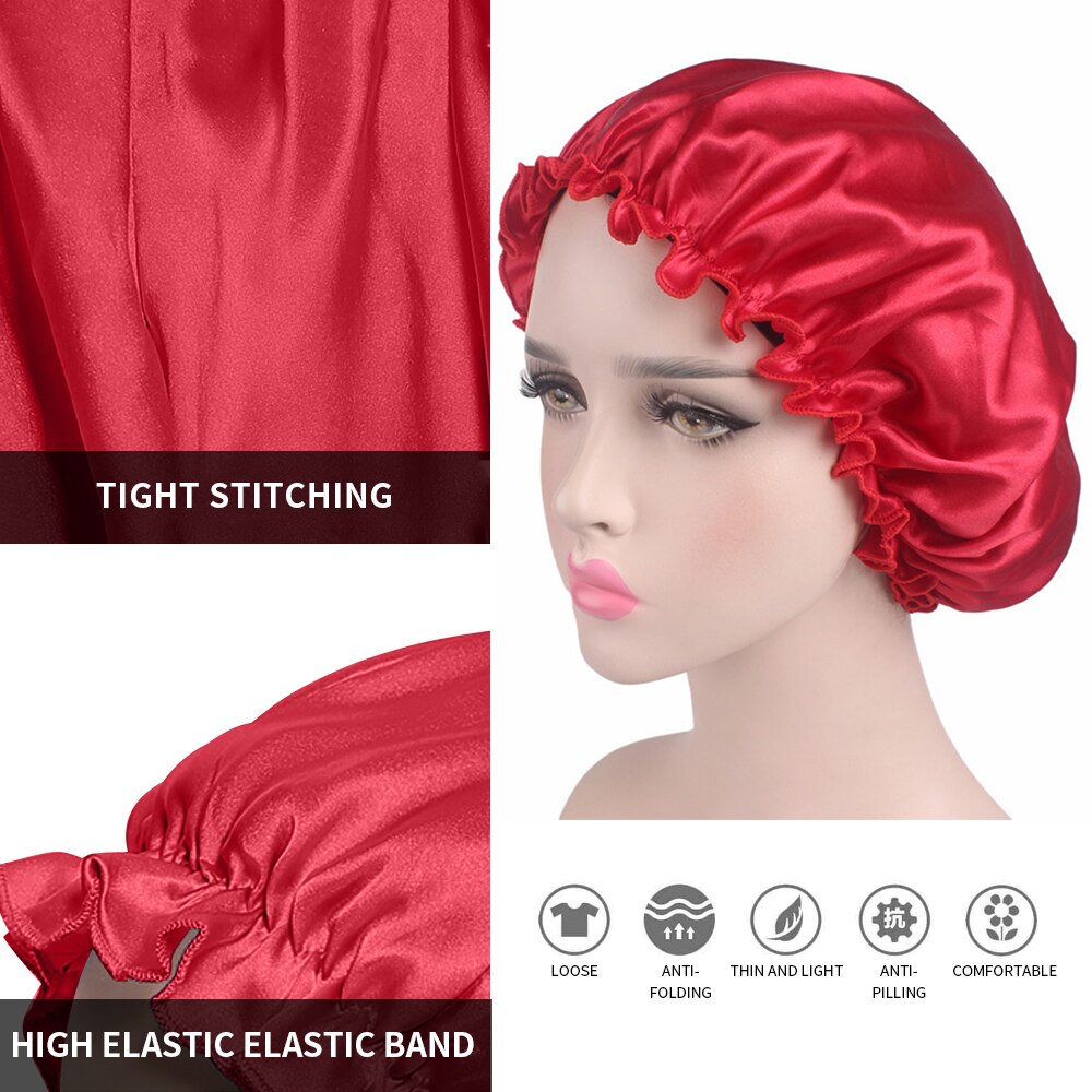 Adult Shower Caps Women Satin Night Sleep Cap Hair Bonnet Hat Silk Head Cover Wide Elastic Band Adult Shower Caps