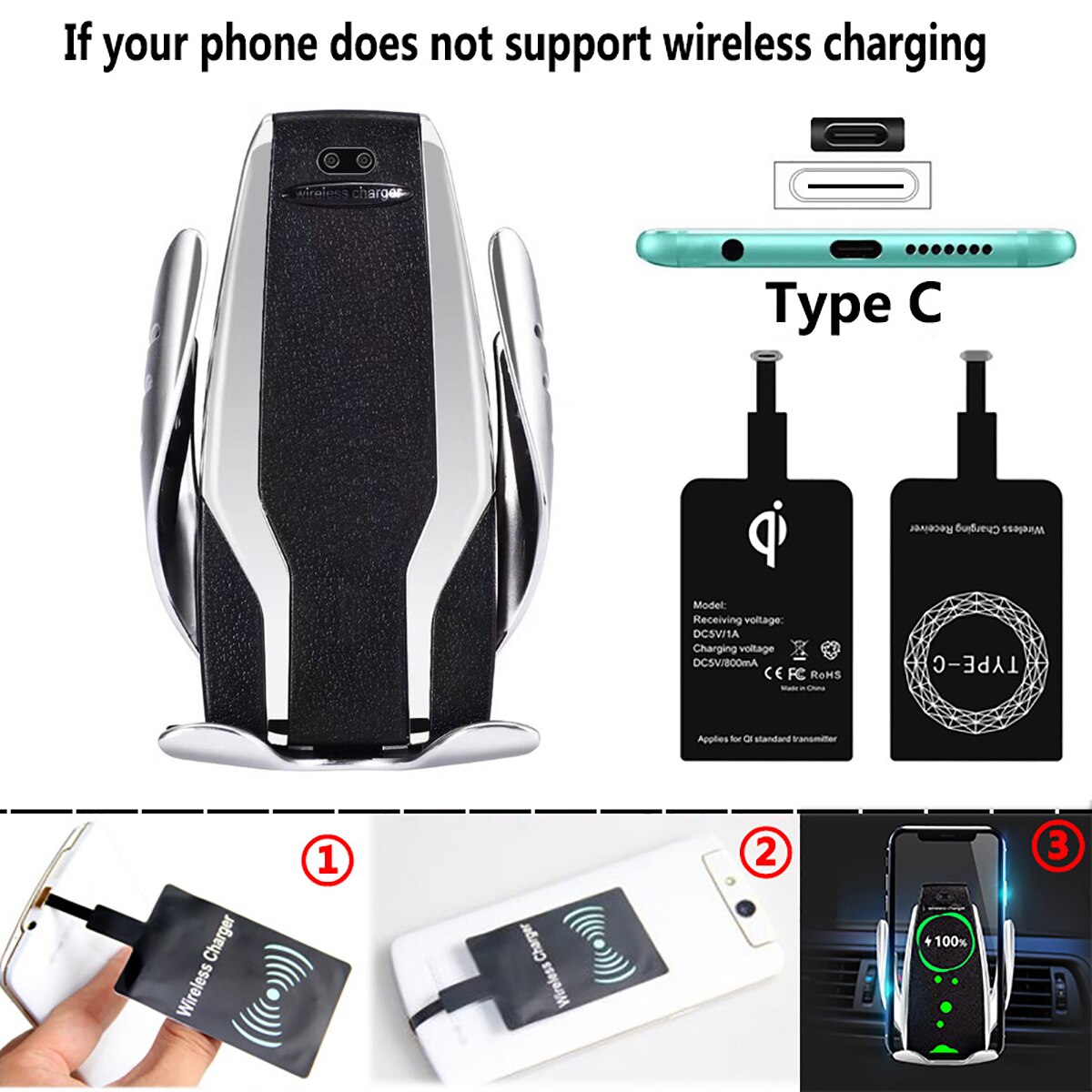 Qi Automatic Clamping Car Phone Holder Fast 10W Wireless Charging Car Charger Holder Mount Air Vent for iPhone X Max XR Samsung: Silver For Type-C