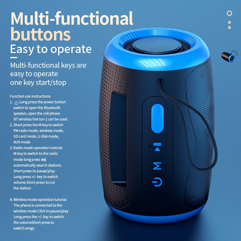 TSN-1 draagbare luidspreker Draadloze Bluetooth-luidsprekers met 5.3 stereo FM/SD/USB-schijf/Aux-modi Waterdicht voor Hifi-geluid buitenshuis