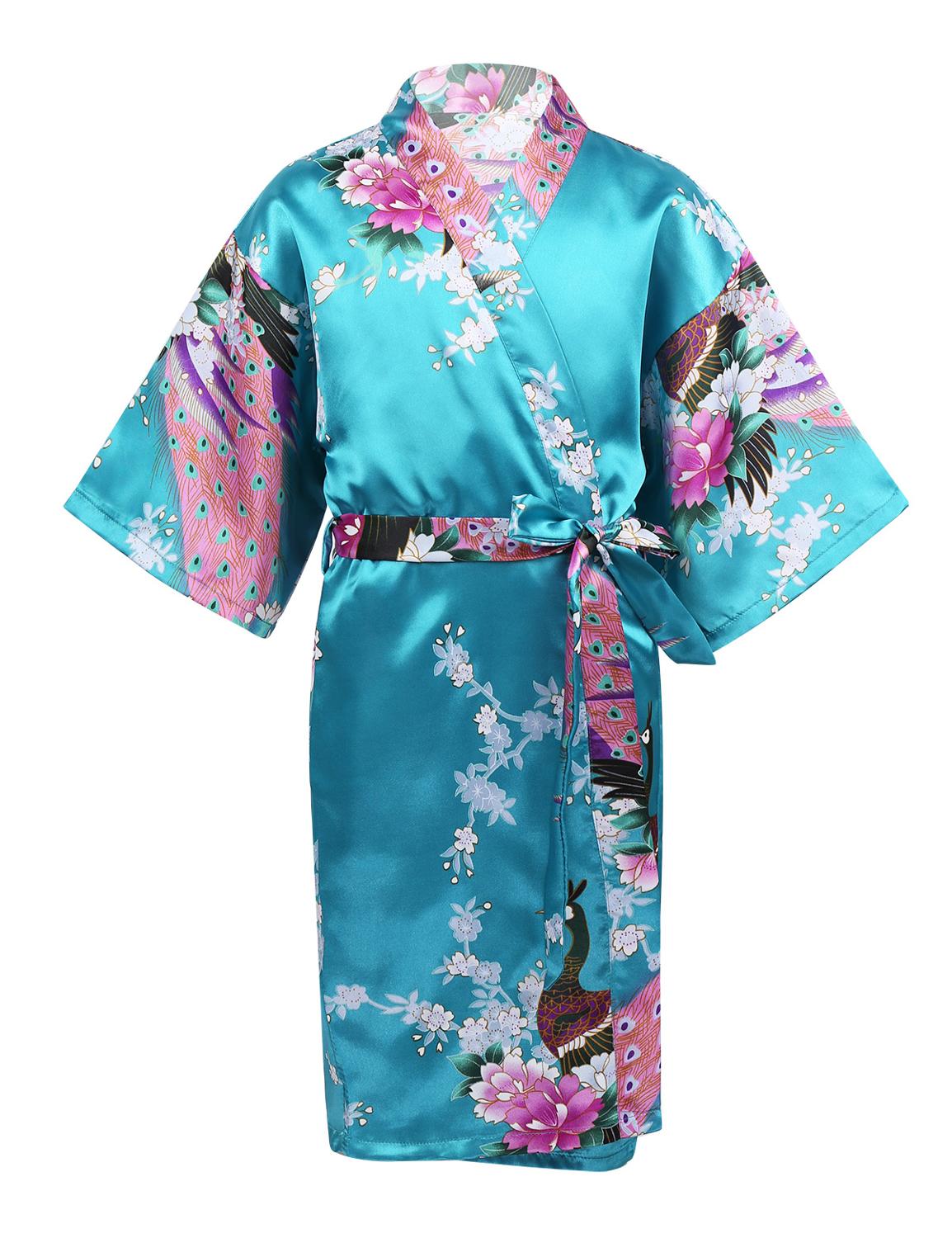 Blomma&påfågel kimono badrock barn flickor siden satin mjuk sovkläder sexig mini brud brudtärna bröllopsrock morgonrock: Sjöblått / 6