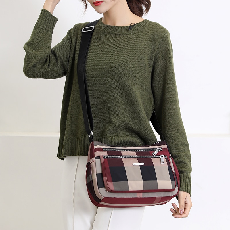 Casual Women&#39;s Shoulder Bag Nylon Waterproof Plaid Crossbody Bag Soft Zip Multi Pocket Versatile Purses And Handbags Sac