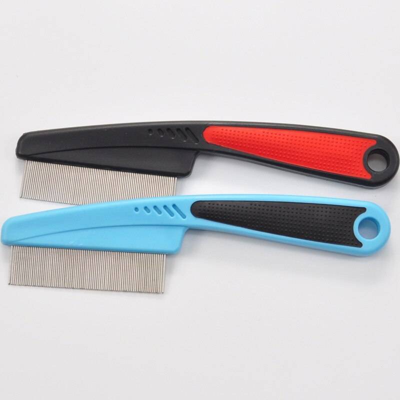 Cepillo de acero inoxidable para perros y mascotas, herramienta para quitar piojos de dientes densos, peine con mango de plástico, peines para mascotas
