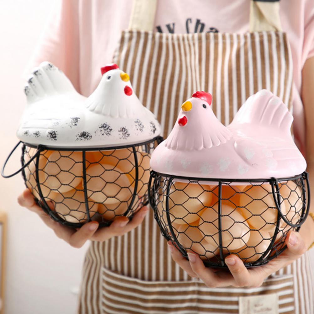 Ceramic Iron Egg Storage Basket Snack Fruit Basket Collection Ceramic Hen Ornaments Decor Kitchen Accessories