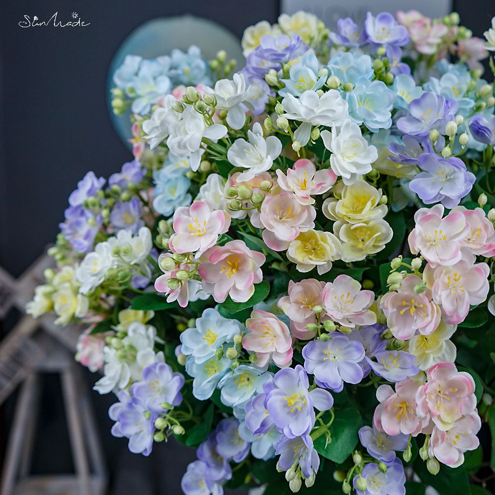 SunMade-rama de flor de Jazmín de lujo, 3 tenedores, Flores Artificiales, decoración para el hogar y la boda, decoración de otoño
