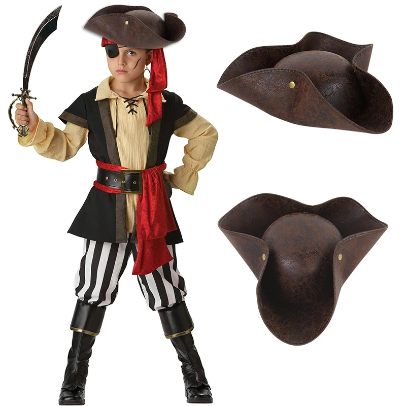Rerto-Sombrero de pirata de Tricornio desgastado, de piel sintética, marrón, disfraz de de disfraces, gorras de Cosplay de capitán de Halloween, accesorios, sombreros