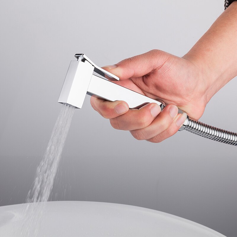 ULGKSD Bathroom Bidet Square Hand Shower Head Chrome Finish Solid Brass Cold Water Valve Tap Crane 360 Degree Switch