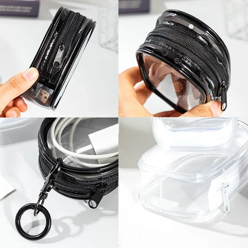 Mini bolsa de almacenamiento de Cable de carga transparente portátil con cremallera, funda multifuncional para auriculares, accesorios de viaje con llavero