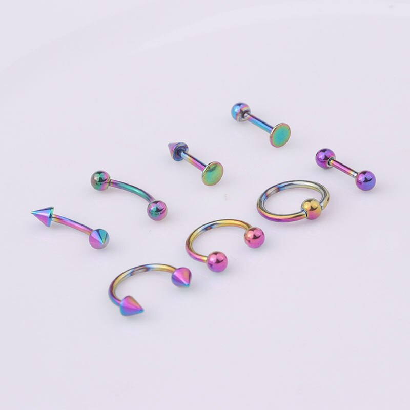 8 piunids/lote Acero inoxidable 16G titanio anodizado cuerpo joyería Helix Piercing oreja ceja nariz labio anillos cautivos: D