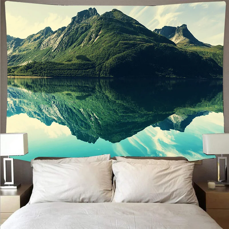 Tapiz de montañas y lagos, paisaje Natural, arte colgante de pared, tela fina, manta de techo para el hogar: 172 x 205 cm / Gris púrpura
