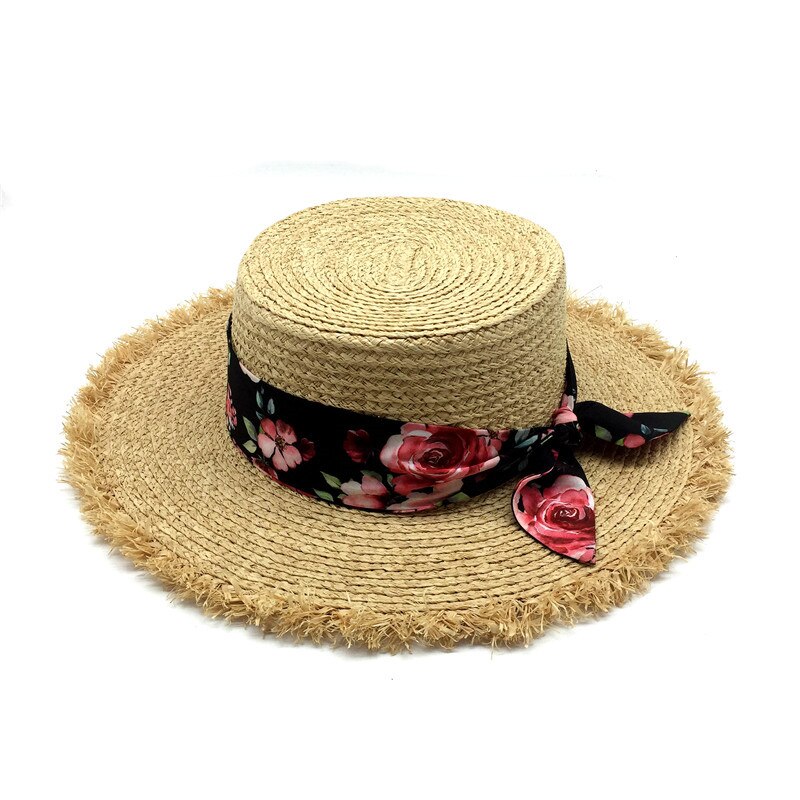 Sombrero de playa de verano Natural para niña, pañuelo Delgado, banda de rafia, tipo canotier sombrero de paja, ala de borla, sombrero de paja de rafia flexible: Natural A