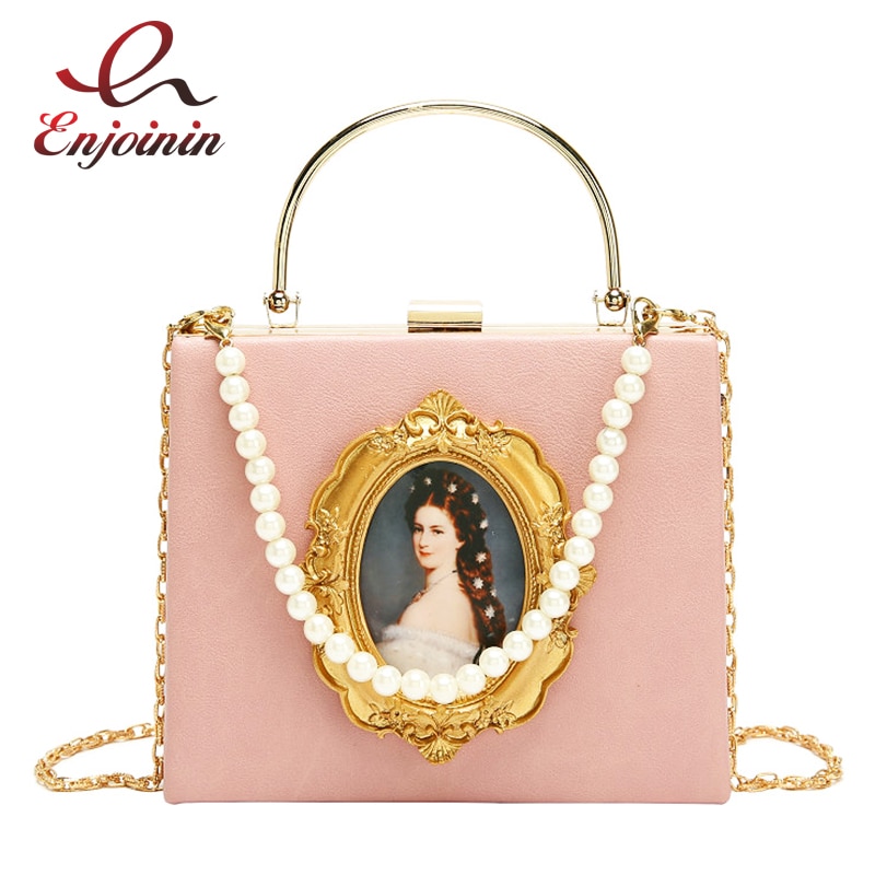 Vintage Oil Painting Badge Pu Pearl Chain Ladies Party Tote Bag Crossbody Bag For Women Pouch Handbag Totes Chain Purse