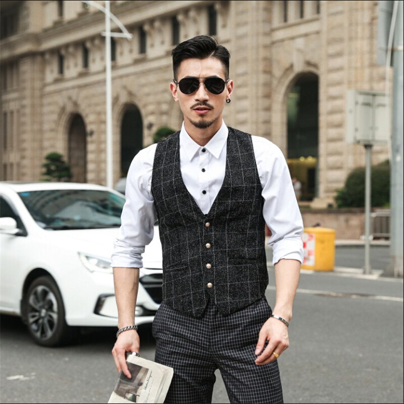 Men Autumn Spring Suit Vest Slim Fit Barber Vest Plaid Male Single Breasted Sleeveless Business Jacket A2843