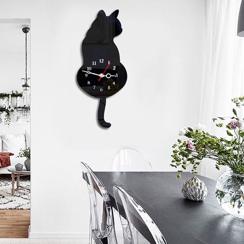 3D Cute Cat Wall Clock Wag Tail Silence Home Decoration Kids Black