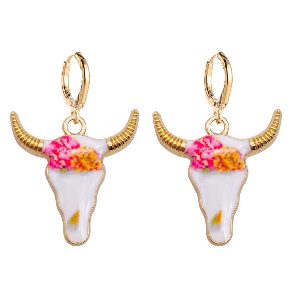 Pendientes de cabeza de toro esmaltados coloridos, vaquera occidental, pendientes colgantes de aleación, joyería: Bronce antiguo plateado