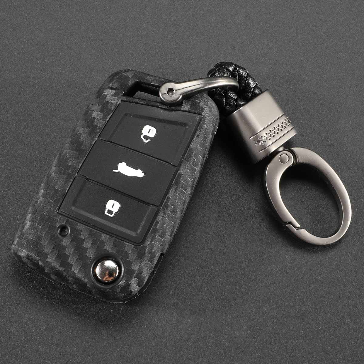 Carbon Silicone Key Case Cover For VW Polo Golf 7 Tiguan Skoda Octavia Karoq SEAT Ateca Leon Ibiza KeyChain Key Ring: v Black short braid