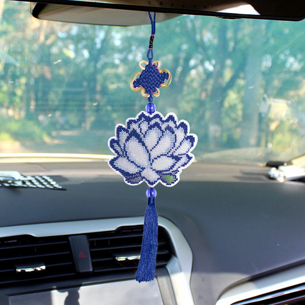 Kit de punto de cruz con cuentas, flor de loto bordado de hecho a mano, bolsa de llavero, decoración de colgante de coche, artesanía de adorno de nudo chino