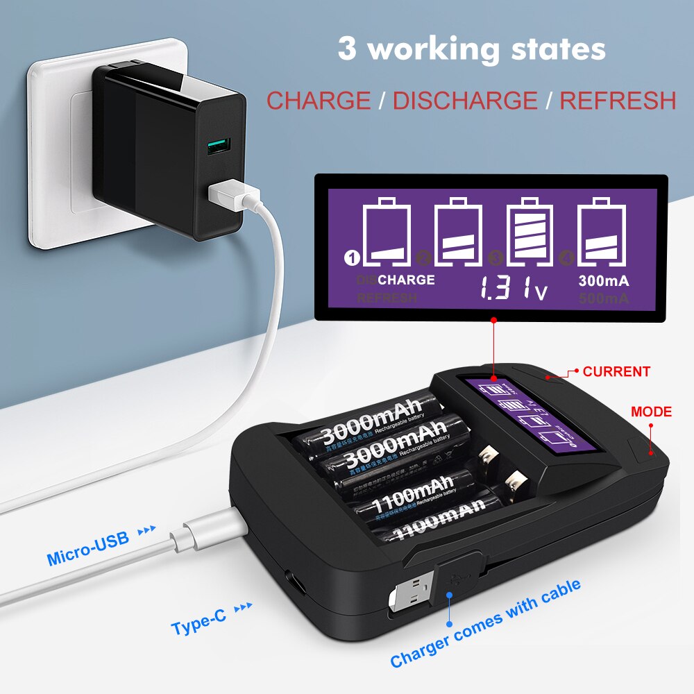 Pila AA recargable, AA NiMH 1,2 V 2A, batería prealimentada, pilas aa de baja autodescarga y cargador de batería inteligente para AA AAA