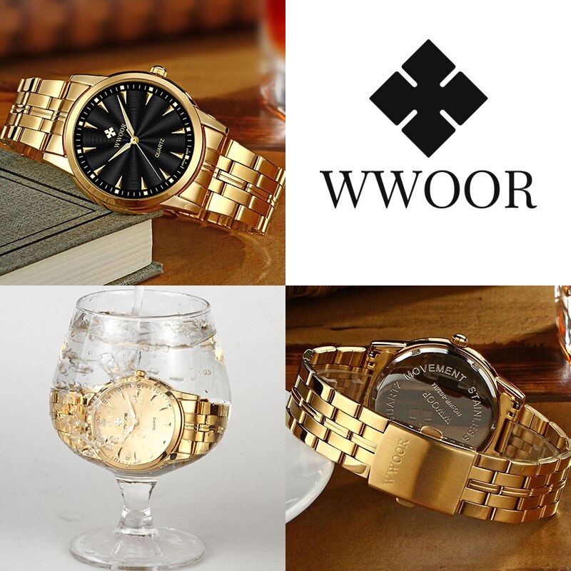 WWOOR Top Brand Luxury Gold Watches For Men Stainless Steel Casual Business Quartz Mens Wrist Watch Waterproof Relogio Masculino