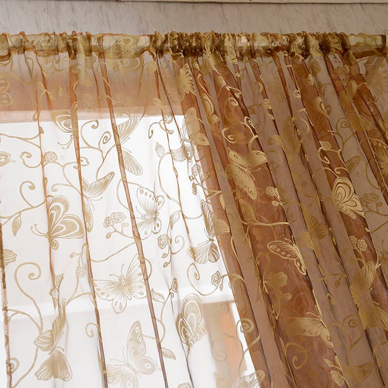 Cortina flocada para ventana, flores y mariposas con estampado de mosquitera, gasa de Color sólido, cortinas duraderas de para el hogar, Hotel y oficina: Coffee