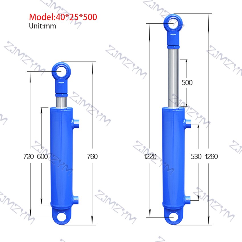 1pc 100-500mm rörelser hydrauloljecylinder kraftig dubbelriktad lyft liten vedklyv 2 tonnage hydraulcylinder: 500mm
