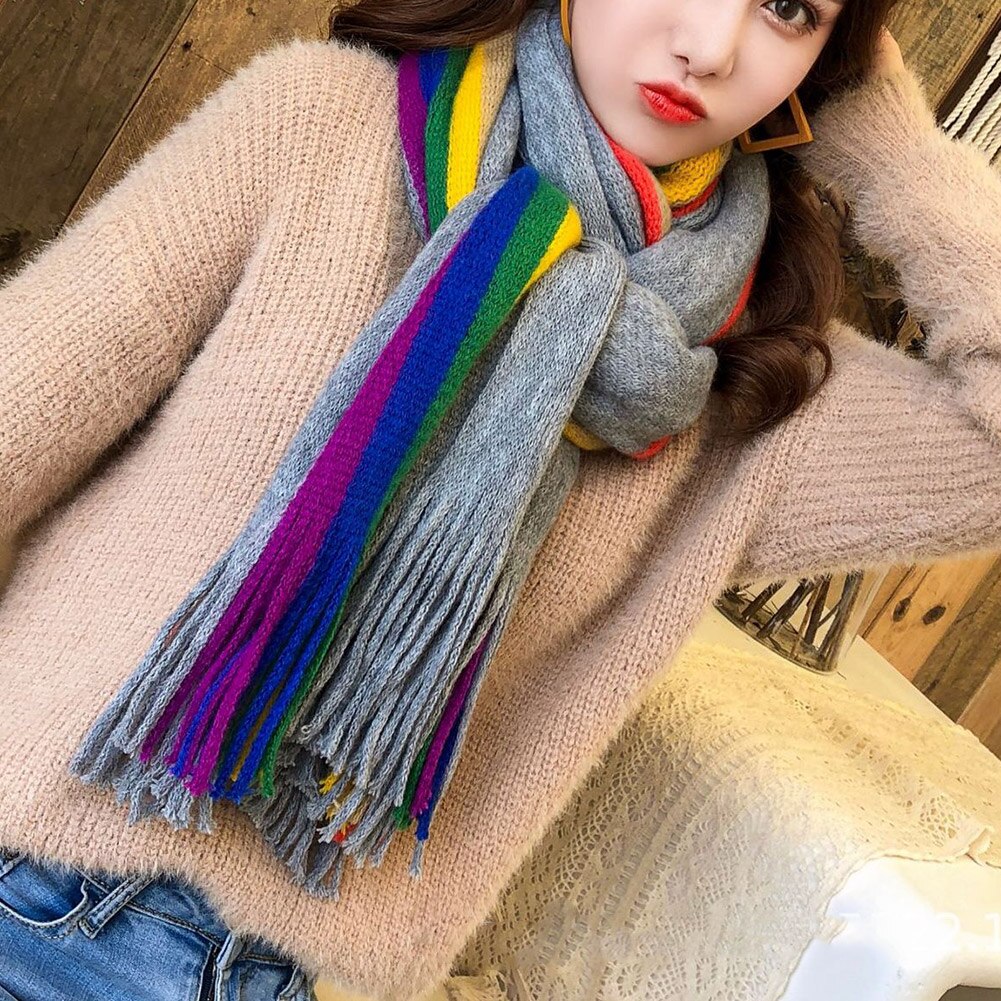 Warme regenboog dames meisjes sjaals omslagdoeken kwastjes lange gebreide sjaal multifunctionele sjaal lxh: Grijs
