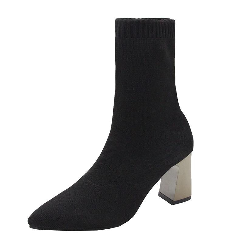 Kvinner svarte ankelsokk boots vår høst stretch boots chunky høye hæler spiss tå dame sko str 35-40: 39