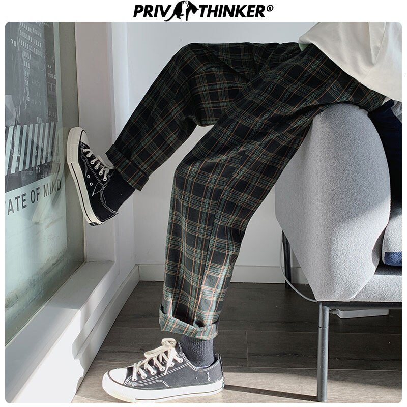 Pantalones holgados a rayas para hombre, pantalón informal a cuadros, coreano, para correr,