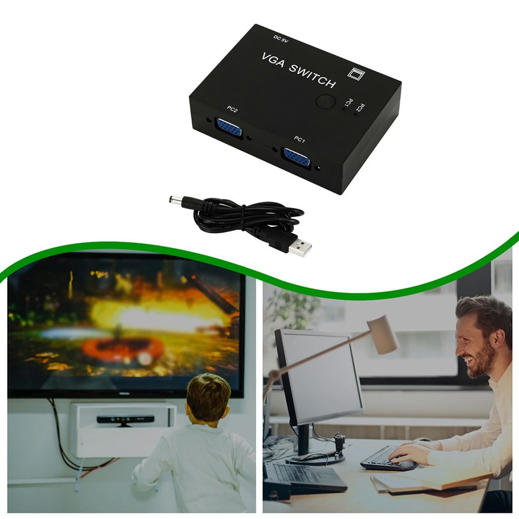Convertidor de Salida 2 en 1 de TV LCD de Metal, caja para compartir Video, 2 puertos, interruptor VGA negro, divisor de pantalla ancha para Monitor de proyector para PC