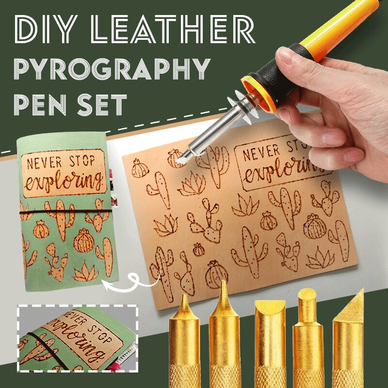 Juego de bolígrafo de pirograbado de cuero para bricolaje, pluma eléctrica para tallar madera con 5 cabezales y soporte, accesorio de artesanía de madera para soldar XH8Z, 7 Uds.
