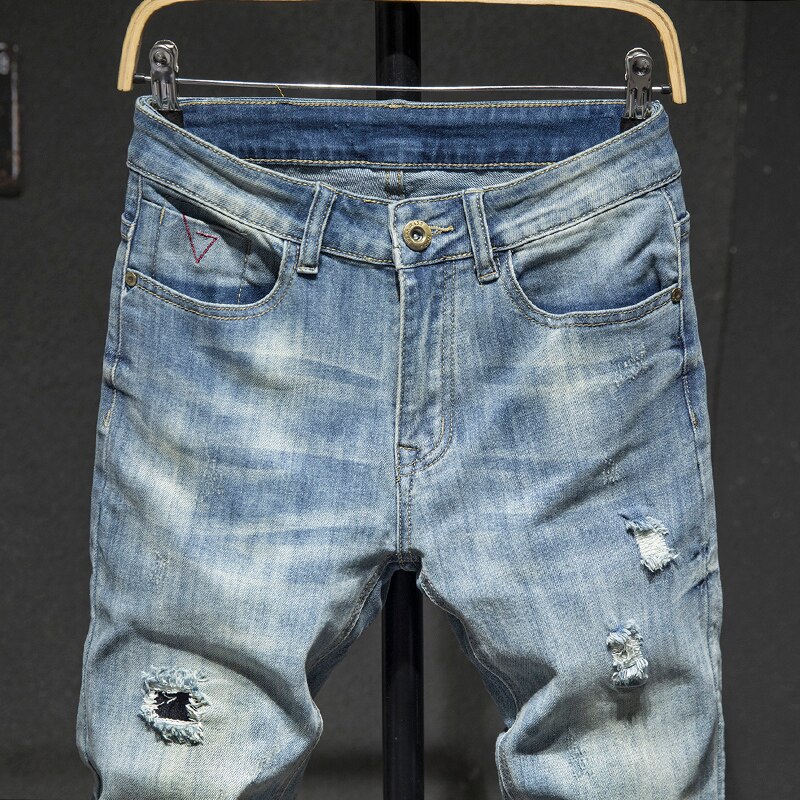 Ripped Jeans For Men Slim Fit Retro Blue Stretch Streetwear Hip Hop Patchwork Jeans Torn Men&#39;s Motorcycle Pants Male Biker Jeans