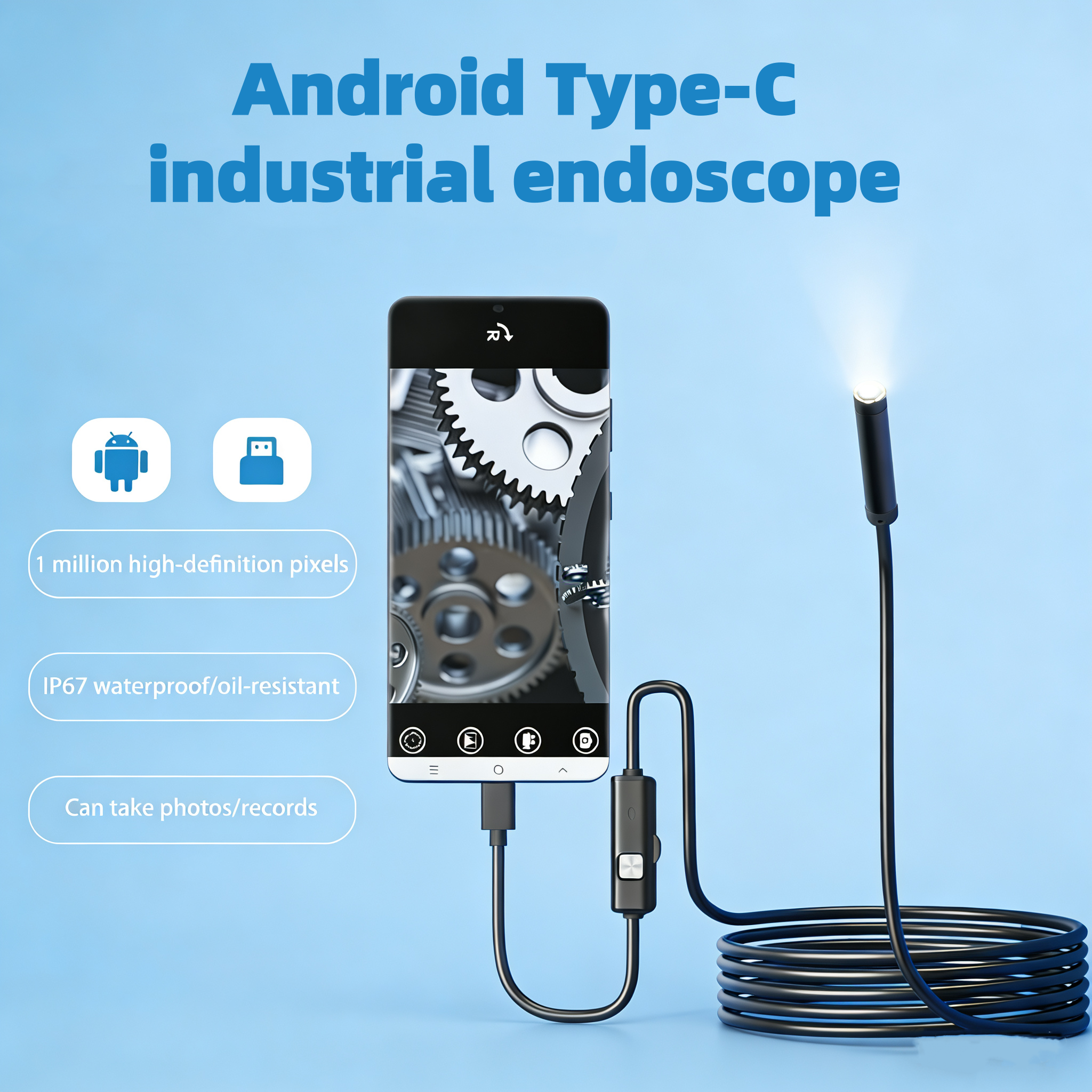 Kamera endoskopowa 7.0MM rodzaj-C, wodoodporna IP67, 6 diod doprowadziło, regulowana, USB, robić inspekcji android, boroskop robić telefonu i komputera.
