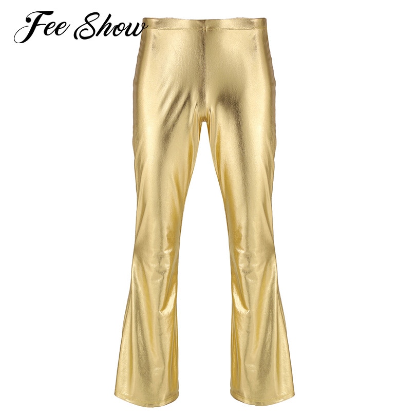 Pantalon holographique métallique brillant pour hommes, , tenue de Club, Disco, loisirs, Long, Costume décontracté, pantalon évasé à cloche