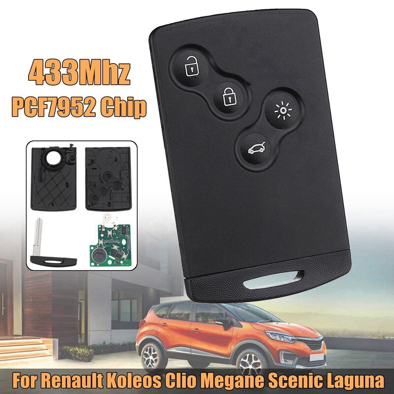 4 knap smart card bilnøgle 433 mhz pcf 7952 chip fjernbetjeningsnøgle til renault megane 3 -