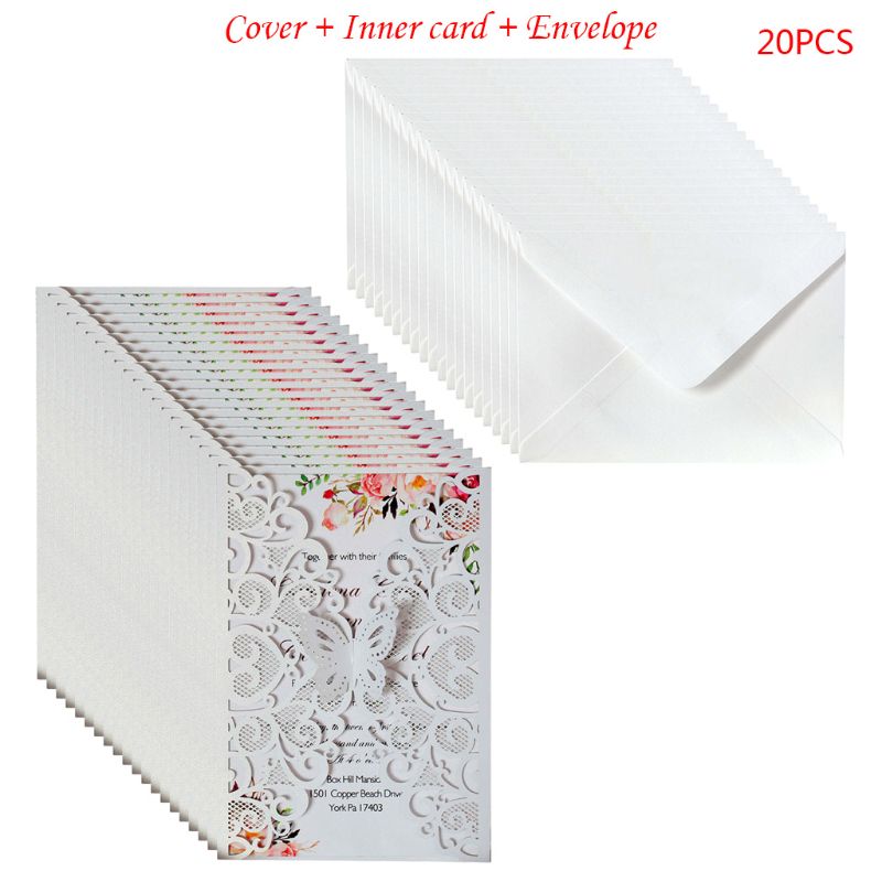 20 stk / sæt sommerfugl bryllupsinvitationer kort hule blonder glitter papir konvolutter brude brusebad fest forsyninger: Hvid