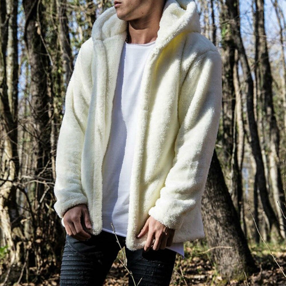 Men Male Casual Winter Warm Teddy Bear Pocket Coat Fleece Fur Jackets Hoodies Outwear: White / XXL